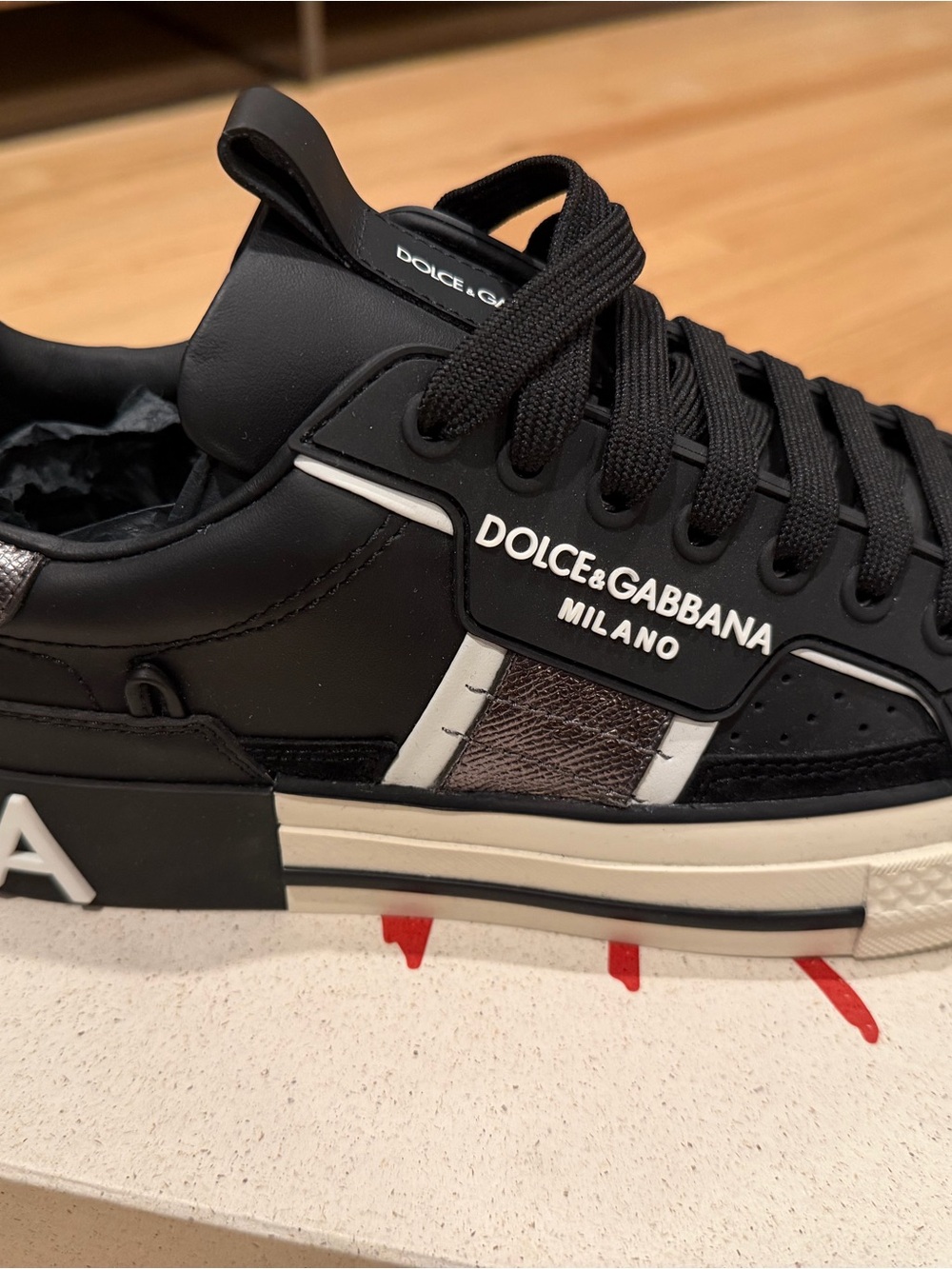 Dolce & Gabbana Black Leather Low-Top Sneaker with White & Brown Accents
